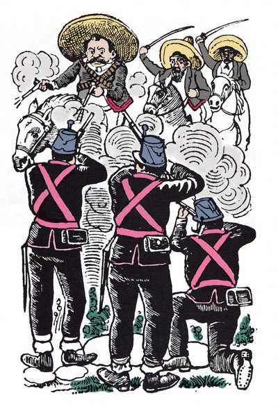 Mexická revoluce (1910-1920): Boj federálů proti revolučním jednotkám Emiliana Zapaty (známého jako El Caudillo del Sur). od José Guadalupe Posada