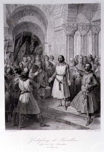 Godfrey z Bouillonu (asi 1060-1100) Zvolen králem Jeruzaléma, vyryl Leopold Massard (1812-89) (rytina) od Jose de (after) Madrazo y Garreta