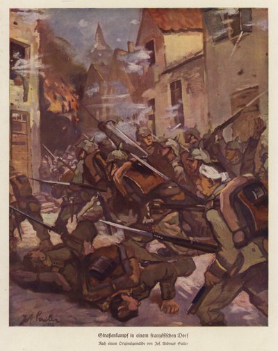 Pouliční bitva ve francouzské vesnici, první světová válka (barva litho) od Josef Andreas Sailer