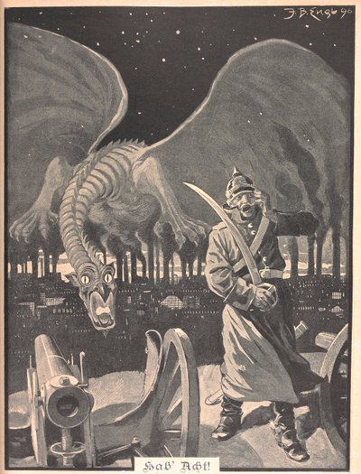 Kresba k básni „Jako noc“. Drak produkovaný kouřem z továren za německým vojákem. Surrealistická scéna. od Josef Benedikt engl