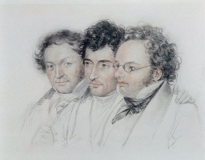 Zleva doprava přátelé skladatelů Johann Baptist Jenger (1793-1856), Anselm Huttenbrenner (1794-1868) a Franz Schubert (1797-1828), pastel Josef Teltscher od Josef Eduard Teltscher