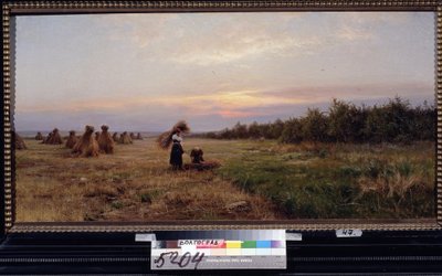 Sklizeň ve večerním světle. (Sklizeň ve večerním světle). Dvě ženy pracující na poli plném kupek sena. Obraz Iosiph Evstafievich Krachkovsky (1854-1914), olej na plátně od Josef Evstafievich Krachkovsky