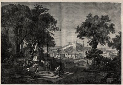 Starověké Řecko: pohled na zahrady Venuše a Athén. Rytina podle obrazu Josepha Hoffmanna v „The Illustrous Universe“ od Josef Hoffman