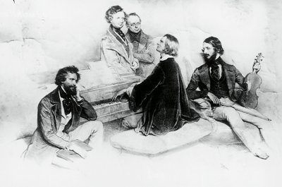 Matiné u Liszta doma, zleva doprava, Kriehuber, skladatel Hector Berlioz (1803-1869), Carl Czerny (1791-1857) Lisztův učitel, Franz Liszt (1811-1866) a houslista Heinrich Wilhelm-Liszt, 5840-1811 Josef Kriehuber (1800-1876) od Josef Nikolaus Kriehuber