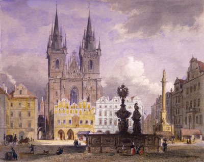 Krocínova kašna, Praha, 1864 (kolorovaná ocelorytina) od Josef Vojtech Hellich
