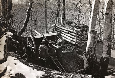 Album "Moje světová válka - vzpomínky na jihozápadní frontu v Korutanech, Itálie, Trentino-Alto Adige) 31.3.1915-12.11. 1918 - Josef Zohles Vídeň ": Vojáci s dělem (čb p od Josef Zohles