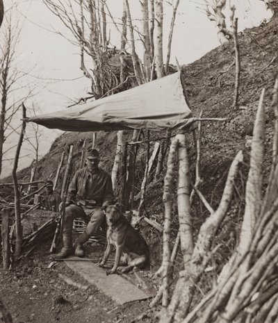Album "Moje světová válka - vzpomínky na jihozápadní frontu v Korutanech, Itálie, Trentino-Alto Adige) 31.3.1915-12.11. 1918 - Josef Zohles Vídeň ": vojenský pes pod stanem ( od Josef Zohles