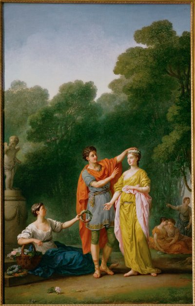 Milenec věnčí svou milou květinovým věncem... od Joseph Marie the Elder Vien
