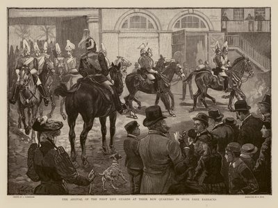 Příjezd příslušníků Čestné stráže do nových kasáren v Hyde Parku v Londýně (rytina) od Joseph (after) Finnemore