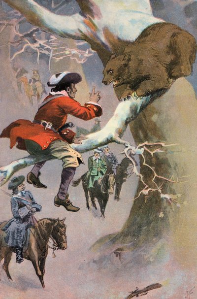 Robinson Crusoe: Pátek škádlí medvěda (barva litho) od Joseph (after) Finnemore