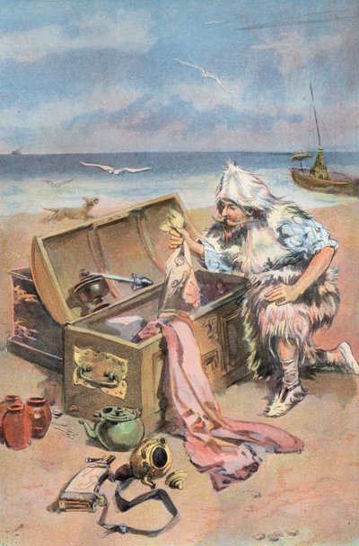 Robinson Crusoe: Zkoumám truhly (barva lito) od Joseph (after) Finnemore
