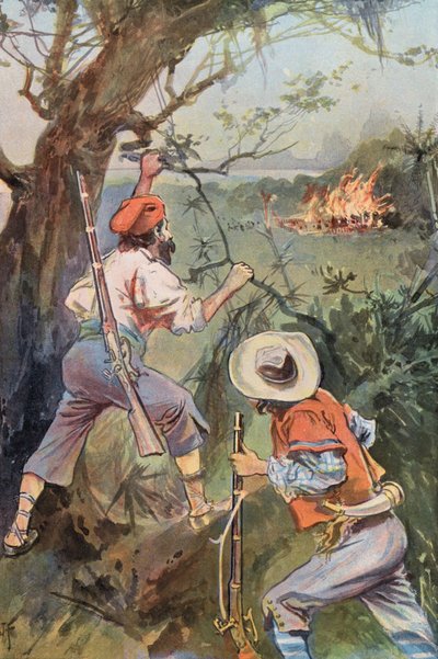 Robinson Crusoe: Chatrče v plamenech (barva litho) od Joseph (after) Finnemore