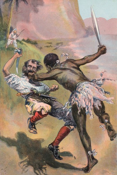 Robinson Crusoe: Španěl je napaden divochem (barva litho) od Joseph (after) Finnemore