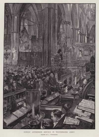 Nedělní odpolední bohoslužba ve Westminster Abbey, Londýn (litho) od Joseph (after) Finnemore