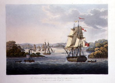Přístav Port Cornwallis. Island of Great Andaman, with the Fleet Geting under Weigh for Rangún, rytina G. Hunt, pub. od Kingsbury & Co., Londýn od Joseph (after) Moore