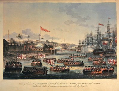 Pohled na vylodění v Rangúnu části spojených sil z Bengálska a Madrasu, pod rozkazem sira Archibalda Campbella, 11. května 1825, vyrytý Henry Pyallem (1795-1833) 1825 (ručně kolorovaná akvatinta) od Joseph (after) Moore