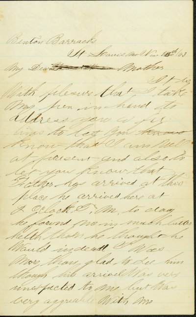 Dopis podepsaný Joseph A. Fardell, Benton Barracks, St. Louis, MO, matce, 12. listopadu 1863 od Joseph A. Fardell
