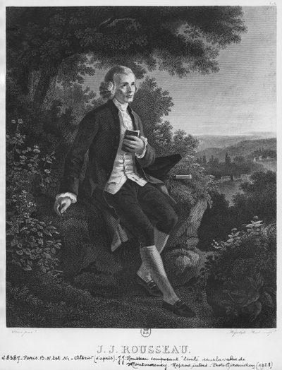 Jean-Jacques Rousseau píše "Emila" v údolí Montmorency, rytina Hippolyte Huet (19. století) od Joseph Albrier