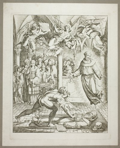 Zápas ďábla a svatého Františka z Assisi o duši Guida da Montefeltro, třetí deska z Danteho Hölle. od Joseph Anton Koch