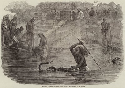 Hindoo Bathers v řece Jumna překvapeni hadem od Joseph Austin Benwell
