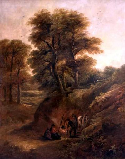 Zalesněná krajina s Cikány kolem ohně (olej na plátně) od Joseph Barker