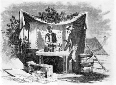 Camp Scenes - Army Drug Store - Hospital Steward, z náčrtu našeho speciálního umělce, Josepha Beckera, hospoda. 1864 od Joseph Becker