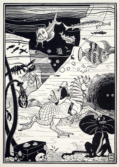 Z hospody The Surprising Adventures of Baron Munchausen byla celá řada vysokých ušlechtilých stromů, naložených mořským ovocem, jako jsou humři, krabi, ústřice. 1895 (rytina) od Joseph Benwell Clark