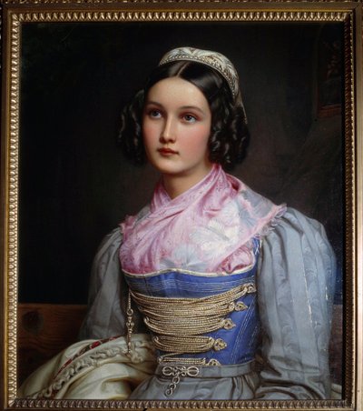 Portrét Helene Sedlmayerové Dcera mnichovského ševce je oblečena v tradičním bavorském kroji. Obraz Josepha Karla Stielera (1781-1858) Mnichov 19. století. Hrad Nymphenburg od Joseph Carl Stieler