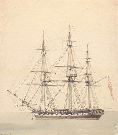 Single Corvette (?) se třemi postavami v námořních uniformách a Union Jack od Joseph Cartwright