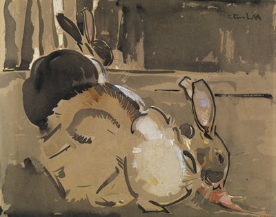 Dva králíci, jedna mrkev (mytí a tělová barva na papíře) od Joseph Crawhall