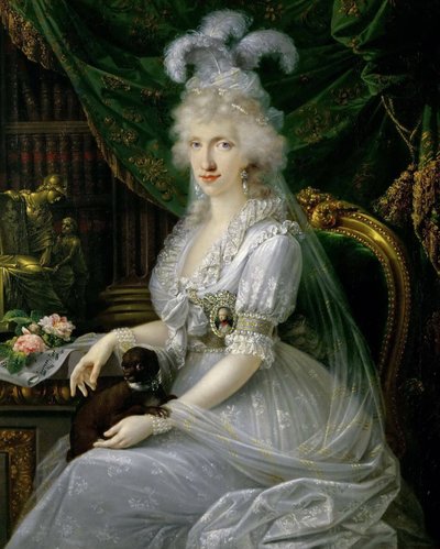Německy: Marie Luisa (Ludovica) Neapolsko-Sicilská (1773-1802), manželka Ferdinanda III. Toskánského, sedící u stolu, portrét v délce po kolena Luisa Maria Amelia Teresa Neapolsko-Sicilská, princezna Neapolsko-Sicilská (1773-1802), velkovévodkyně vévodkyně od Joseph Dorffmeister