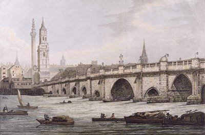 Pohled na London Bridge, včetně kostela sv. Mága a památníku, vyrytý J.C. Stadlerem od Joseph Farington
