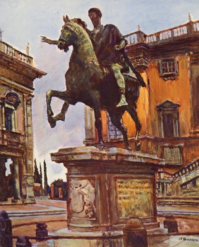 Řím: Socha Marka Aurelia, Piazza del Campidoglio (barevná litografie) od Joseph Felix Bouchor