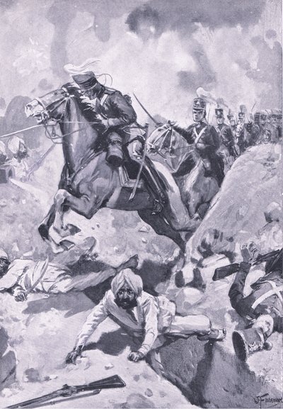Sobraon: Sir Joseph Thackwell vede 3. lehké dragouny v jednom šiku přes sikhské zemní opevnění, ilustrace z knihy Britské bitvy na souši a na moři , 1915 od Joseph Finnemore