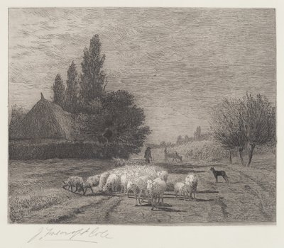 Village Street ve Francii se stádem ovcí od Joseph Foxcroft Cole