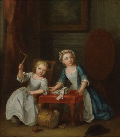 Dvě děti z rodiny Nollekensových, pravděpodobně Jacobus a Maria Sophia, hrající si s vrškem a hracími kartami, 1745 od Joseph Francis Nollekens