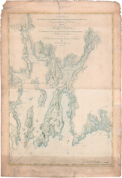 Mapa přístavu Rhode Island a Narragansett Bay od Joseph Frederick Wallet DesBarres