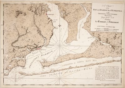 Mapa zálivu a přístavu Pensacola v provincii Západní Florida od Joseph Frederick Wallet DesBarres