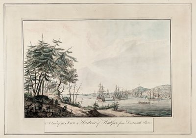 Pohled na město a přístav Halifax z pobřeží Dartmouthu, asi 1777 (tištěno) od Joseph Frederick Wallet DesBarres