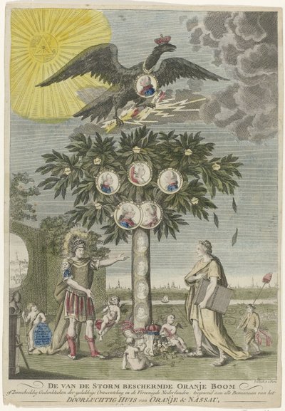 Alegorie navrácení stadtholdera Williama V (kopie), 1787 Pomerančový strom neboli symbolický památník šťastné revoluce ve Spojeném Nizozemsku, chráněný před bouří, věnovaný všem milovníkům klidného domu Orange & N od Joseph Gleich