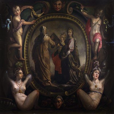 Tři alegorické postavy v kartuši (olej na plátně) od Joseph Heintz