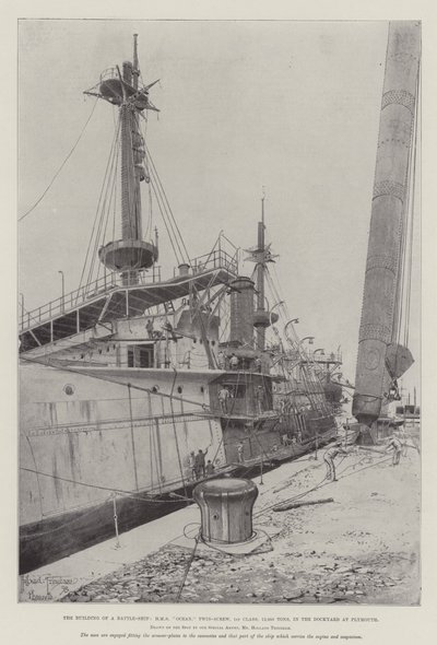 Stavba bitevní lodi, HMS Ocean, Twin-Screw, 1. třída, 12 950 tun, v loděnici v Plymouthu od Joseph Holland Tringham