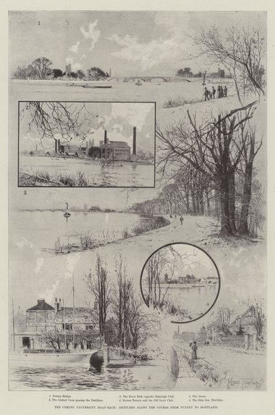 The Coming University Boat-Race, skici podél kurzu z Putney do Mortlake od Joseph Holland Tringham