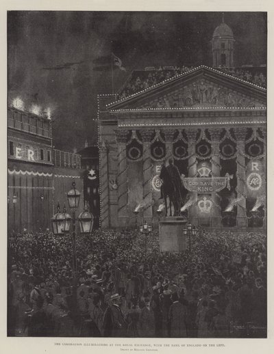 Korunovační iluminace na Královské burze s Anglickou bankou vlevo od Joseph Holland Tringham