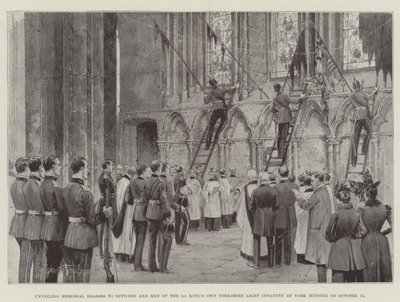 Odhalení pamětních žerdí důstojníkům a mužům 1. královské vlastní yorkšírské lehké pěchoty v York Minster dne 13. října od Joseph Holland Tringham