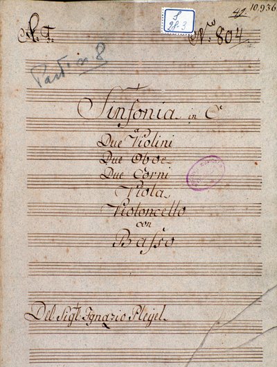 První stránka hudební partitury Symphony in C od Pleyela od Joseph Ignace Pleyel
