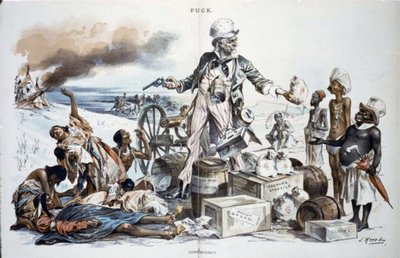 Důslednost": Strýček Sam byl velkorysý k Afričanům, Asiatům a Evropanům, zatímco zabíjel indiány v bitvě u Wounded Knee. od Joseph Keppler