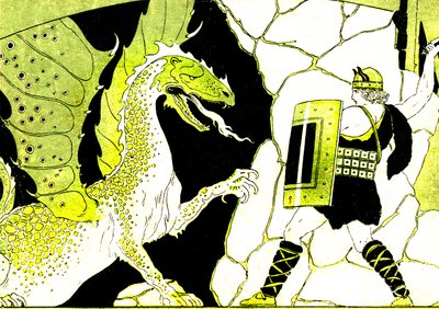 Siegfried bojuje s drakem. Legenda o Nibelunzích. Ilustrace Josepha Kuhna Regniera (Kuhn-Regnier) (1873-1940) pro "Epopees et legendes d