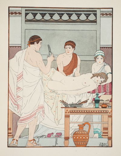 Gynekologické vyšetření, ilustrace z „Díla Hippokrata“, 1934 od Joseph Kuhn Regnier