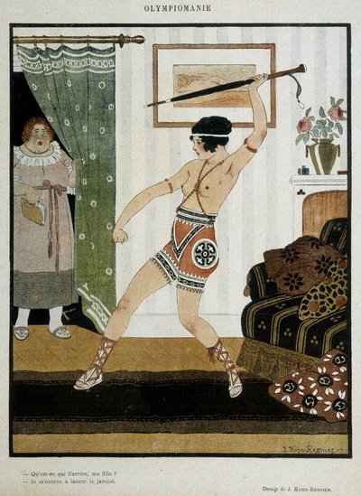 Mladá dívka v antickém kostýmu trénuje házení oštěpem s deštníkem. Fantasy plakát ilustrující nadšení z olympiád. Kresba J. Kuhn Regnier kolem roku 1920. od Joseph Kuhn Regnier
